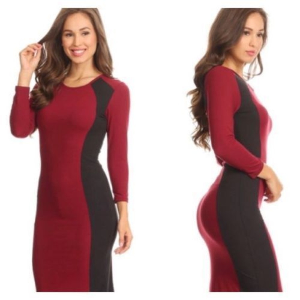 YELETE Clad Women's Red Black Midi Bodycon Dress